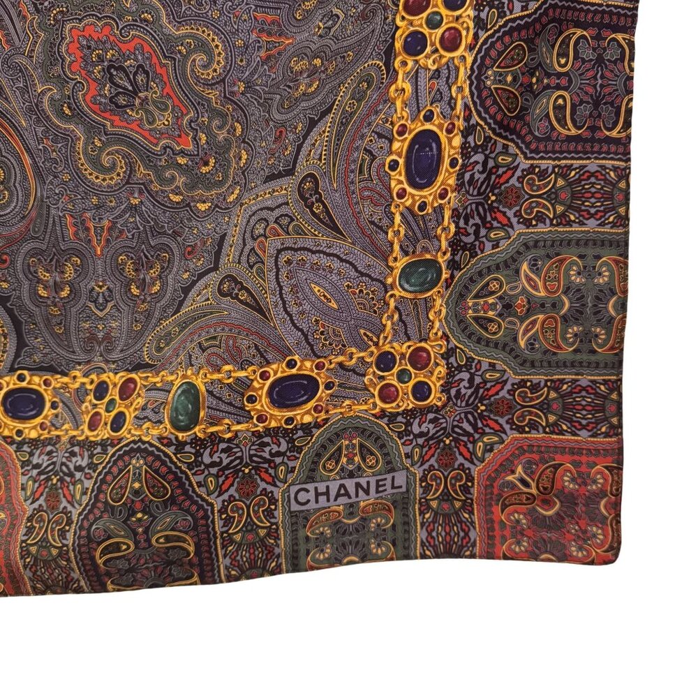 Vintage CHANEL Women's Blue & Gold Silk Wool Paisley Square Scarf Size 34" x 34" - Picture 3 of 8